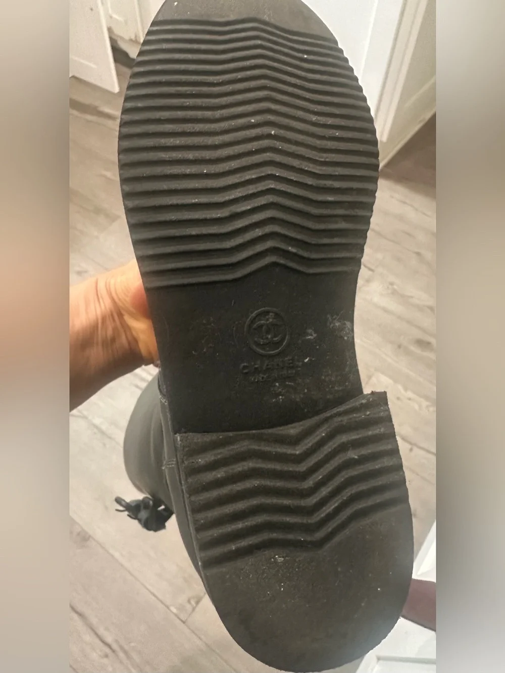 CHANEL dark gray Quilted Cuff Combat Boots